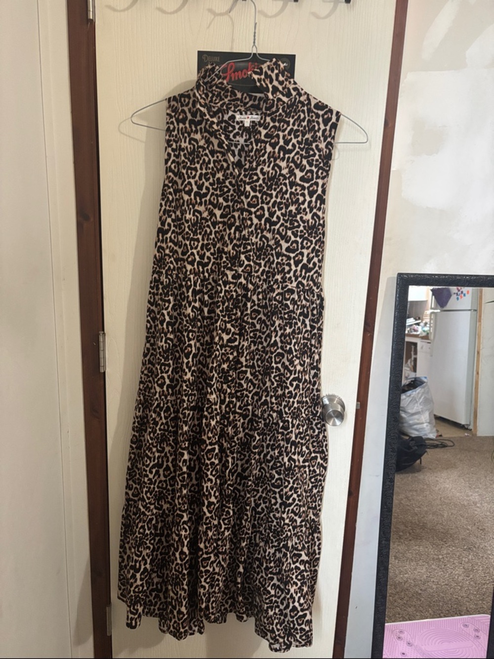 Sleeveless Asymmetrical Leopard-Print Midi Dress in Beige & Black